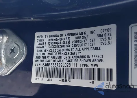 2009 Honda Cr-V Ex-L from USA, damaged, VIN 5J6RE38729L028111